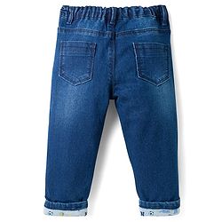 Babyhug Full Length Washed Denim Jeans With Basketball Patch & Stretch - Navy Blue