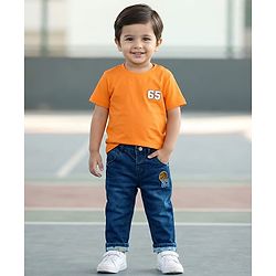 Babyhug Full Length Washed Denim Jeans With Basketball Patch & Stretch - Navy Blue