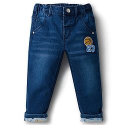 Babyhug Full Length Washed Denim Jeans With Basketball Patch & Stretch - Navy Blue