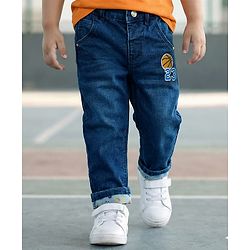 Babyhug Full Length Washed Denim Jeans With Basketball Patch & Stretch - Navy Blue