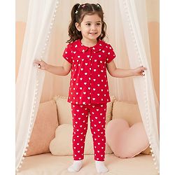 Babyhug Cotton Knit Half Sleeves Shirt & Pyjama Co-ord Night Suit With Heart Print - Red