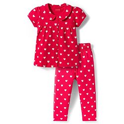 Babyhug Cotton Knit Half Sleeves Shirt & Pyjama Co-ord Night Suit With Heart Print - Red