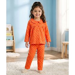 Babyhug Cotton Knit Full Sleeves Co-ords Night Suit With Polka Dot Print - Orange