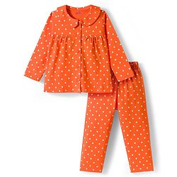 Babyhug Cotton Knit Full Sleeves Co-ords Night Suit With Polka Dot Print - Orange