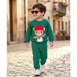 Babyhug Terry Knit Full Sleeves T-Shirt & Lounge Pant Set with Bear Print & Patch - Green