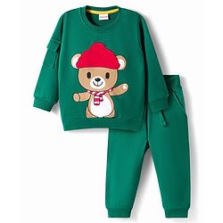 Babyhug Terry Knit Full Sleeves T-Shirt & Lounge Pant Set with Bear Print & Patch - Green