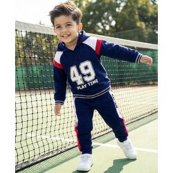 Babyhug Terry Knit Full Raglan Sleeves Hooded T-Shirt & Lounge Pant Set With Number Print - Navy Blue