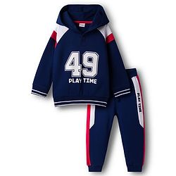 Babyhug Terry Knit Full Raglan Sleeves Hooded T-Shirt & Lounge Pant Set With Number Print - Navy Blue