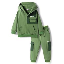 Babyhug Terry Knit Full Sleeves Hooded Sweatshirt & Lounge Pant Set With Adventure Print - Green