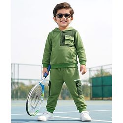 Babyhug Terry Knit Full Sleeves Hooded Sweatshirt & Lounge Pant Set With Adventure Print - Green