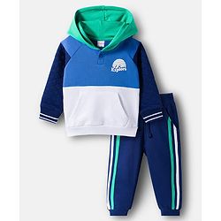 Babyhug Terry Knit Full Raglan Sleeves Cut & Sew Hooded T-Shirt & Lounge Pant Set with Explorer Print - Multicolor
