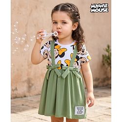 Babyhug Disney Single Jersey Knit Half Sleeves Frock with Minnie Mouse Graphic - Green & White