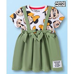 Babyhug Disney Single Jersey Knit Half Sleeves Frock with Minnie Mouse Graphic - Green & White