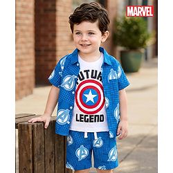 Babyhug Marvel Single Jersey Knit Half Sleeves Shirt & Shorts Set with T-Shirt & Avengers Graphic - Blue
