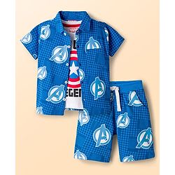 Babyhug Marvel Single Jersey Knit Half Sleeves Shirt & Shorts Set with T-Shirt & Avengers Graphic - Blue