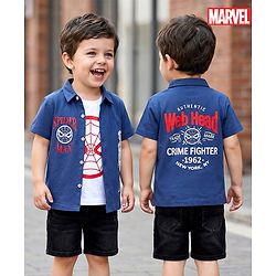 Babyhug Marvel Single Jersey Knit Half Sleeves Spider Man Printed Shirt With T-Shirt  - Navy Blue