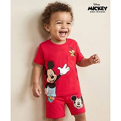 Babyhug Disney Single Jersey Knit Half Sleeves T-Shirt & Shorts Set with Mickey Mouse Graphic & Pocket Detailing - Red