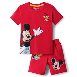 Babyhug Disney Single Jersey Knit Half Sleeves T-Shirt & Shorts Set with Mickey Mouse Graphic & Pocket Detailing - Red