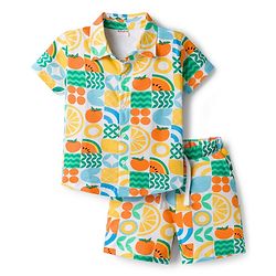 Babyhug 100% Cotton Single Jersey Knit Half Sleeves Co-ords Shirt & Shorts Set with Tropical Theme Print - Multicolor