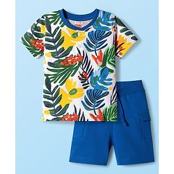 Babyhug Single Jersey Knit Half Sleeves T-Shirt & Shorts Set with Leaf Print - Blue