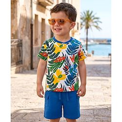 Babyhug Single Jersey Knit Half Sleeves T-Shirt & Shorts Set with Leaf Print - Blue