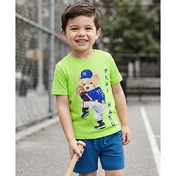 Babyhug Single Jersey Knit Half Sleeves T-Shirt & Shorts Set with Bear Print - Limegreen & Navy Blue