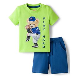 Babyhug Single Jersey Knit Half Sleeves T-Shirt & Shorts Set with Bear Print - Limegreen & Navy Blue