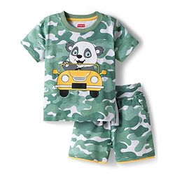 Babyhug Single Jersey Knit Half Sleeves Co-ords T-Shirt & Shorts Set with Bear Print & Camouflage - Multicolor