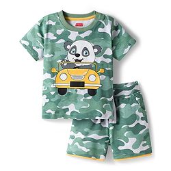 Babyhug Single Jersey Knit Half Sleeves Co-ords T-Shirt & Shorts Set with Bear Print & Camouflage - Multicolor