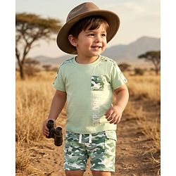 Babyhug Single Jersey Knit Half Sleeves T-Shirt & Shorts Set with Camouflage - Light Green