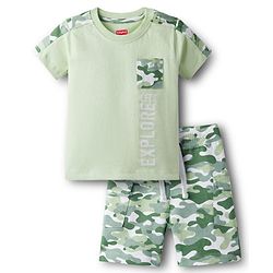 Babyhug Single Jersey Knit Half Sleeves T-Shirt & Shorts Set with Camouflage - Light Green