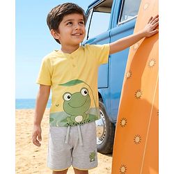 Babyhug Single Jersey Knit Half Sleeves T-Shirt & Shorts Set With Frog Print - Yellow & Grey