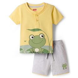 Babyhug Single Jersey Knit Half Sleeves T-Shirt & Shorts Set With Frog Print - Yellow & Grey