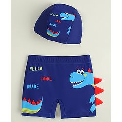 Babyhug Dino Printed Swimming Trunk With Cap - Navy Blue