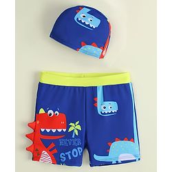 Babyhug Dino Printed Swimming Trunk With Cap - Blue