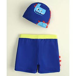 Babyhug Dino Printed Swimming Trunk With Cap - Blue