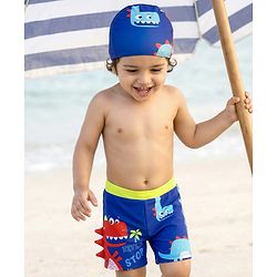Babyhug Dino Printed Swimming Trunk With Cap - Blue