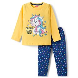 Babyhug Cotton Knit Full Sleeves Co-ord Night Suit With Unicorn Print - Yellow