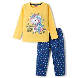 Babyhug Cotton Knit Full Sleeves Co-ord Night Suit With Unicorn Print - Yellow