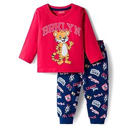 Babyhug Cotton Knit Full Sleeves Night Suit With Tiger Print - Red