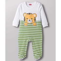 Babyhug Cotton Knit Full Sleeves Striped & Tiger Printed Sleepsuit - White & Green