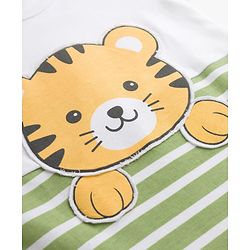 Babyhug Cotton Knit Full Sleeves Striped & Tiger Printed Sleepsuit - White & Green
