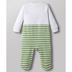 Babyhug Cotton Knit Full Sleeves Striped & Tiger Printed Sleepsuit - White & Green