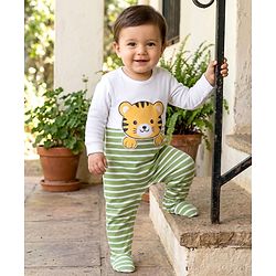 Babyhug Cotton Knit Full Sleeves Striped & Tiger Printed Sleepsuit - White & Green