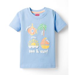 Babyhug Cotton Knit Half Sleeves T-Shirt With Beach Theme Print - Blue