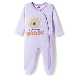 Babyhug Cotton Knit Full Sleeves Footed Sleep Suit with I Love Daddy Print & Stripe - Lavender