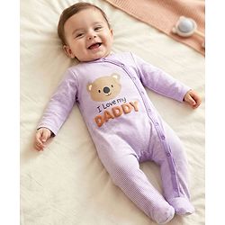 Babyhug Cotton Knit Full Sleeves Footed Sleep Suit with I Love Daddy Print & Stripe - Lavender