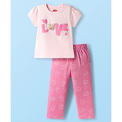 Babyhug Cotton Knit Half Sleeves Night Suit With Love Print - Pink