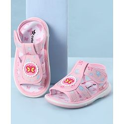 Cute Walk by Babyhug Velcro Closure Sandals With Floral Print & Butterfly Applique - Pink