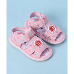 Cute Walk by Babyhug Velcro Closure Sandals With Floral Print & Butterfly Applique - Pink